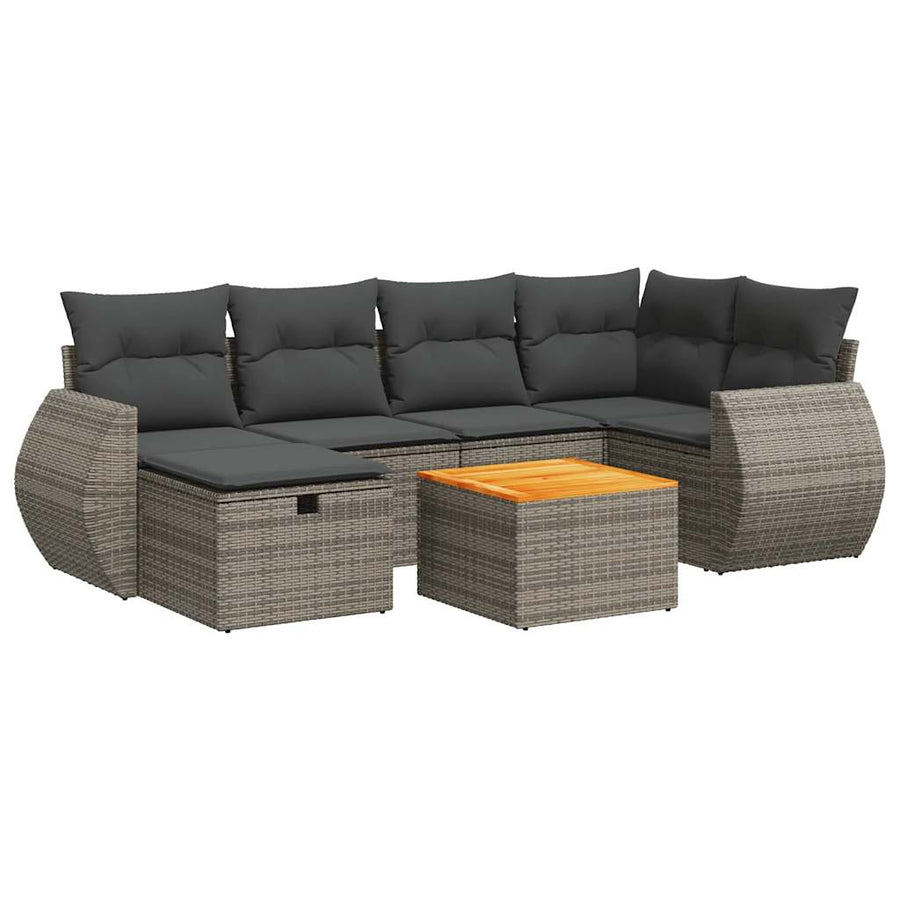 7-delige Loungeset met kussens poly rattan grijs