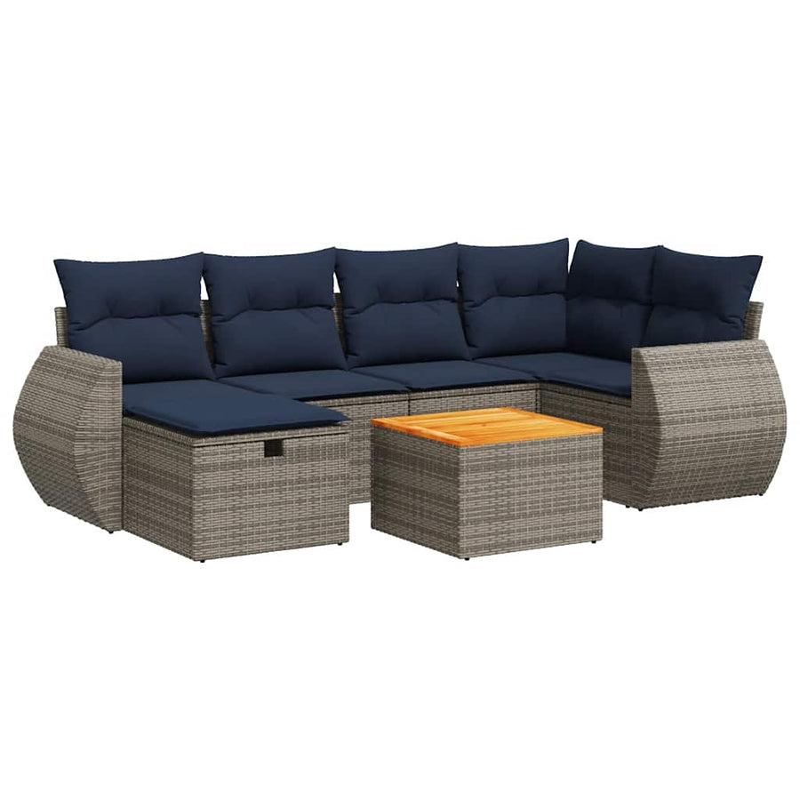 7-delige Loungeset met kussens poly rattan grijs