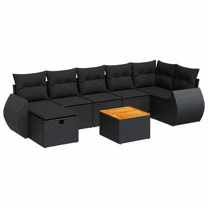 8-delige Loungeset met kussens poly rattan zwart