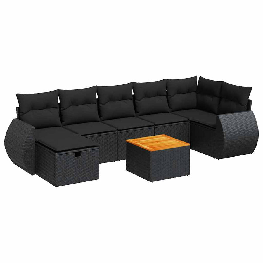 8-delige Loungeset met kussens poly rattan zwart