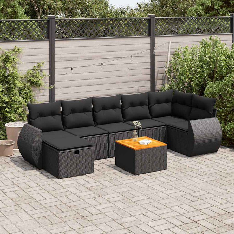 8-delige Loungeset met kussens poly rattan zwart