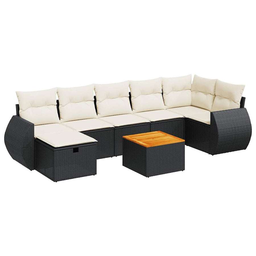 8-delige Loungeset met kussens poly rattan zwart