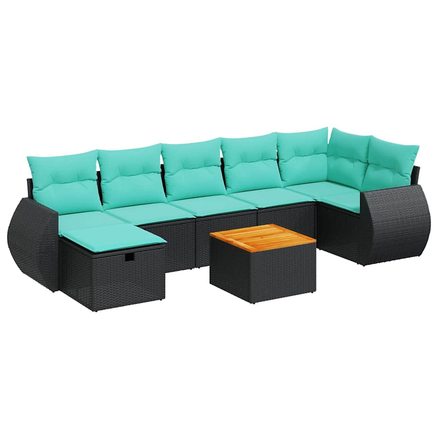 8-delige Loungeset met kussens poly rattan zwart