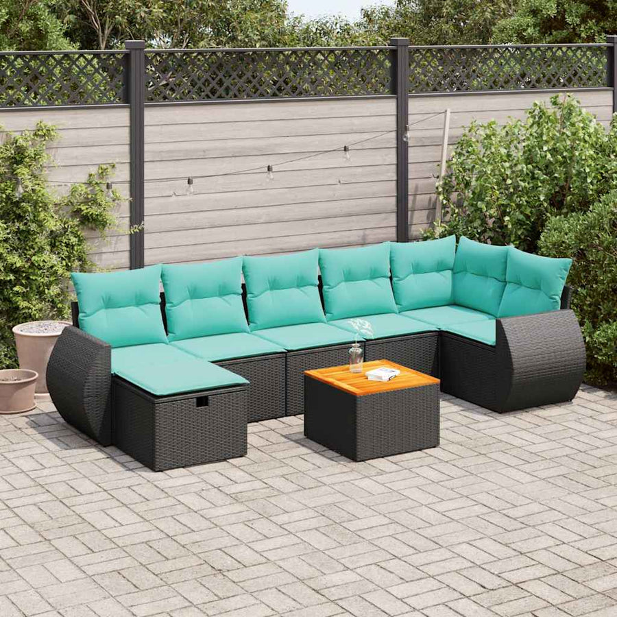 8-delige Loungeset met kussens poly rattan zwart