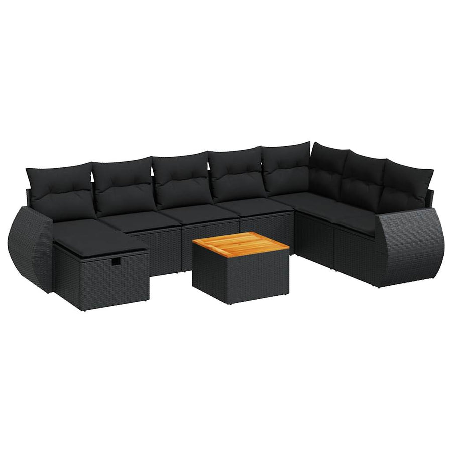 9-delige Loungeset met kussens poly rattan zwart