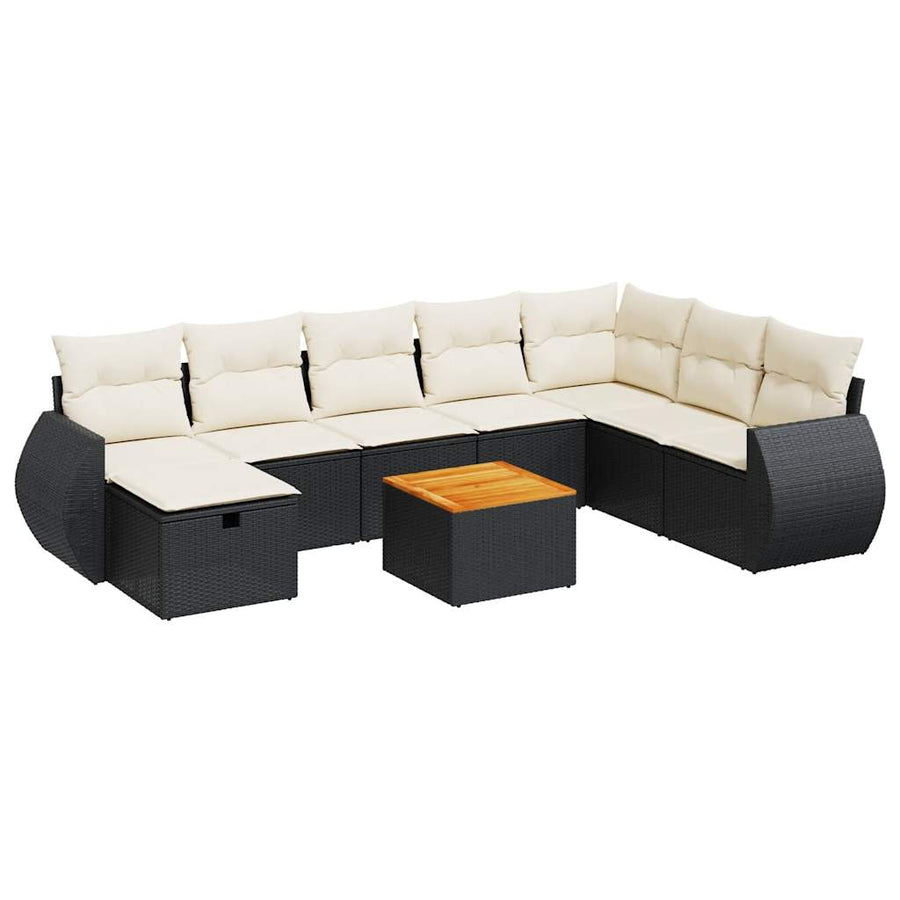 9-delige Loungeset met kussens poly rattan zwart