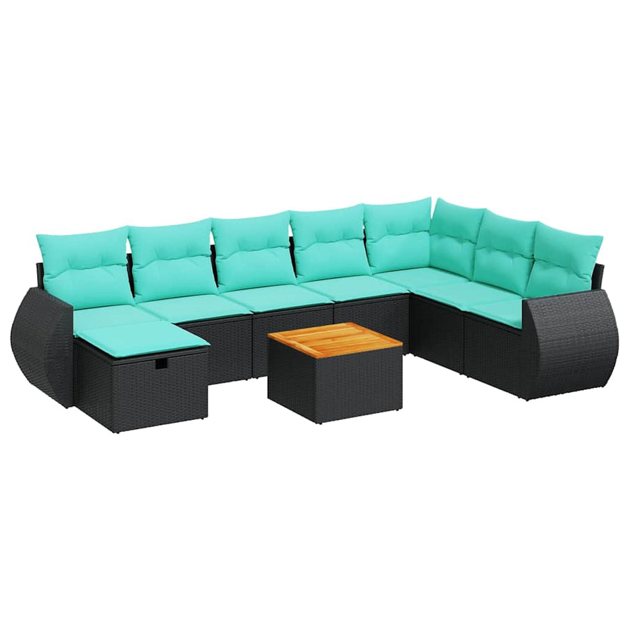 9-delige Loungeset met kussens poly rattan zwart