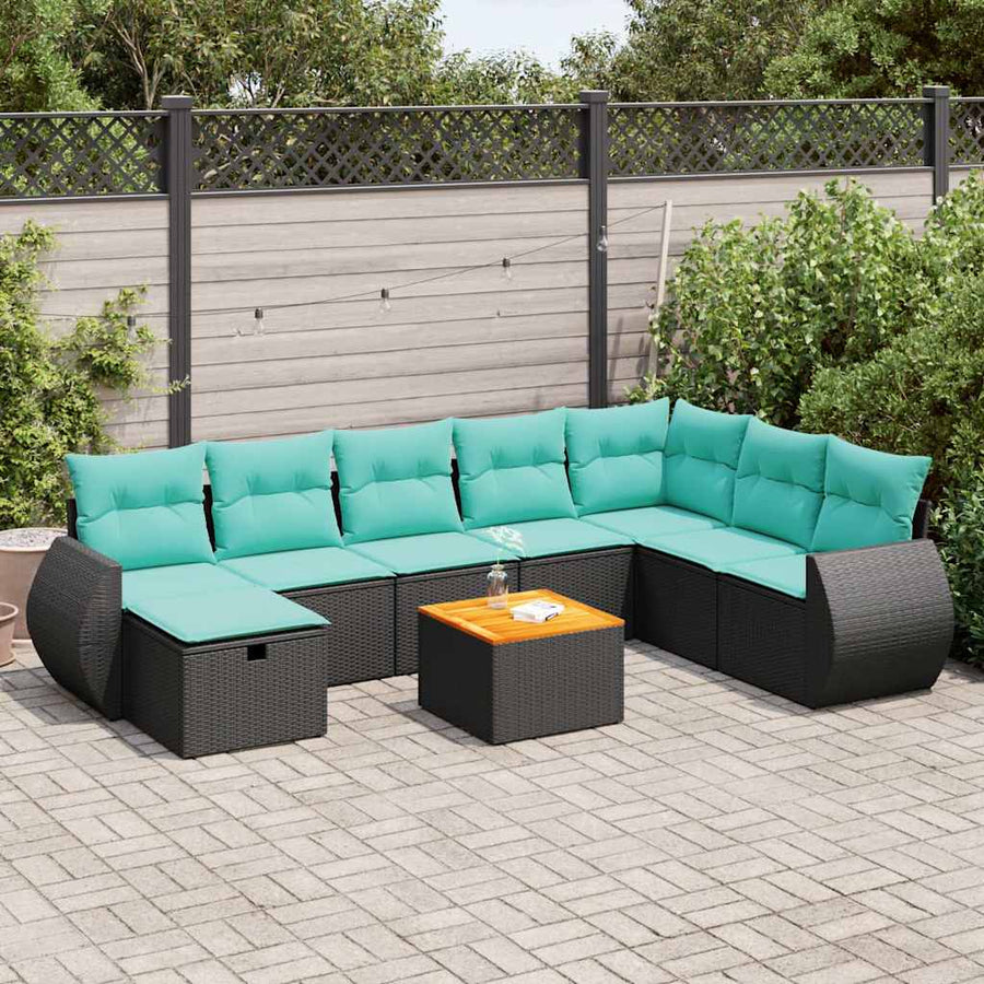 9-delige Loungeset met kussens poly rattan zwart