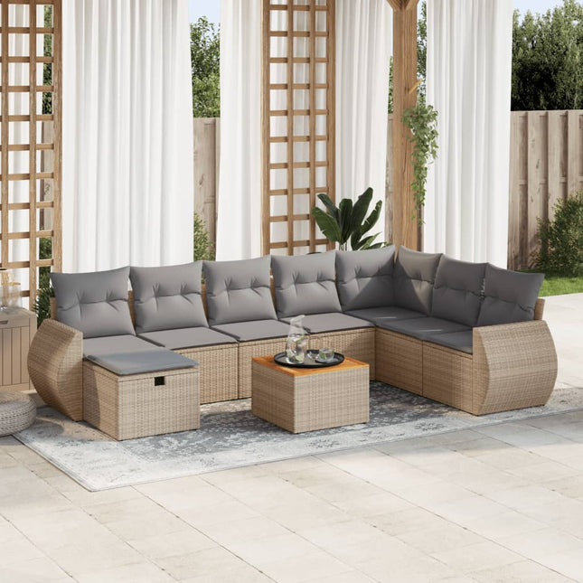 9-delige Loungeset met kussens poly rattan beige