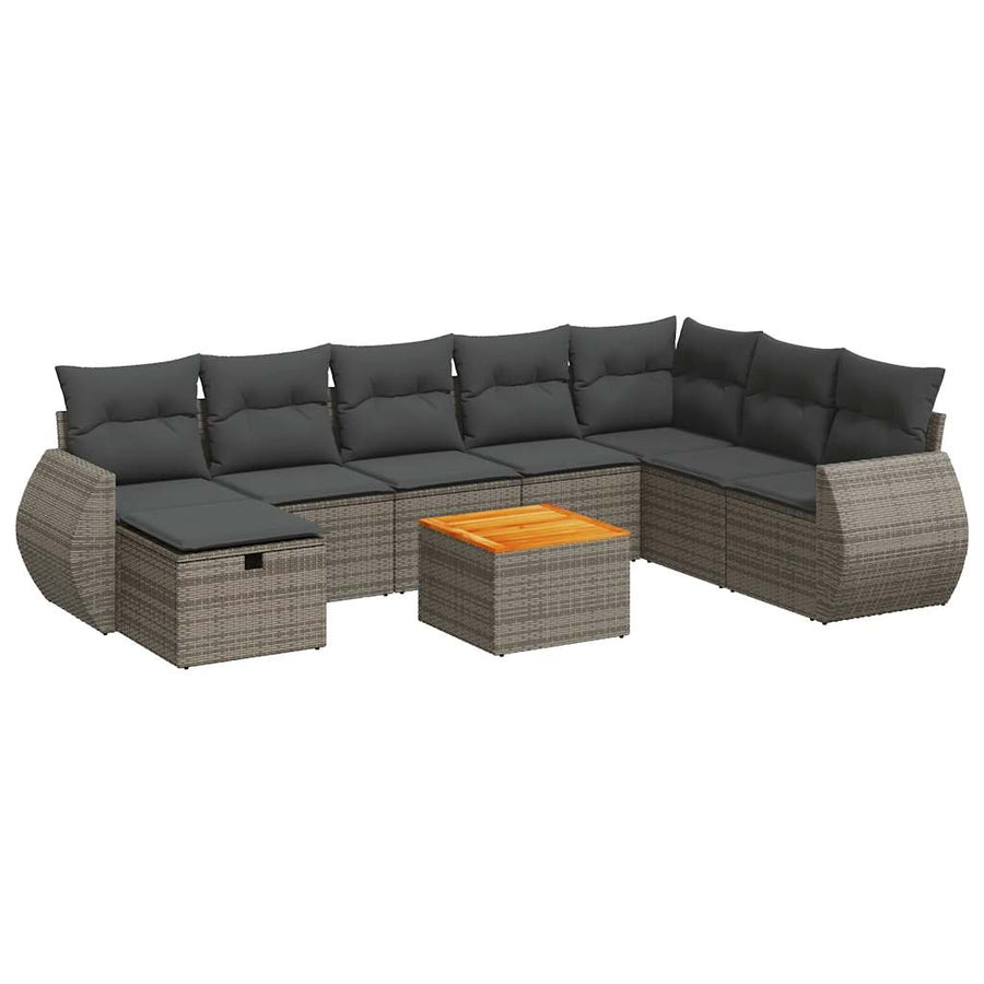 9-delige Loungeset met kussens poly rattan grijs