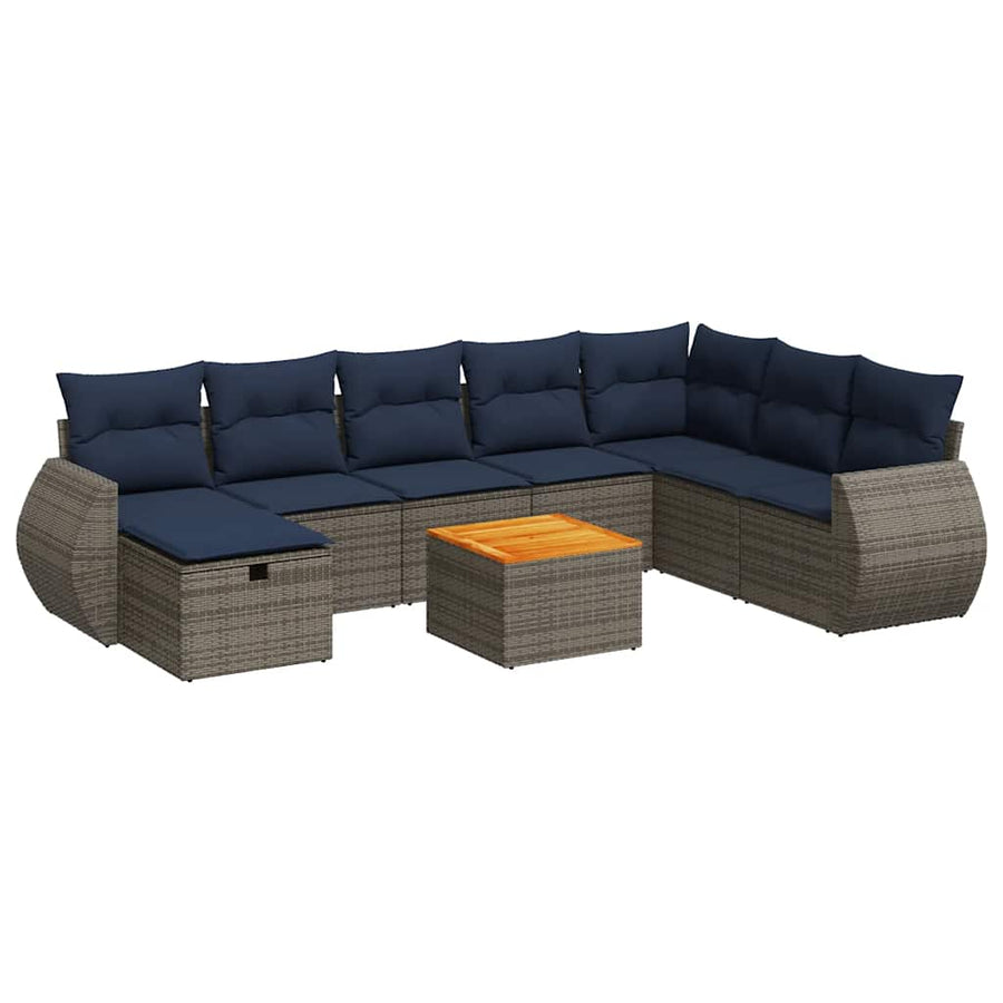 9-delige Loungeset met kussens poly rattan grijs