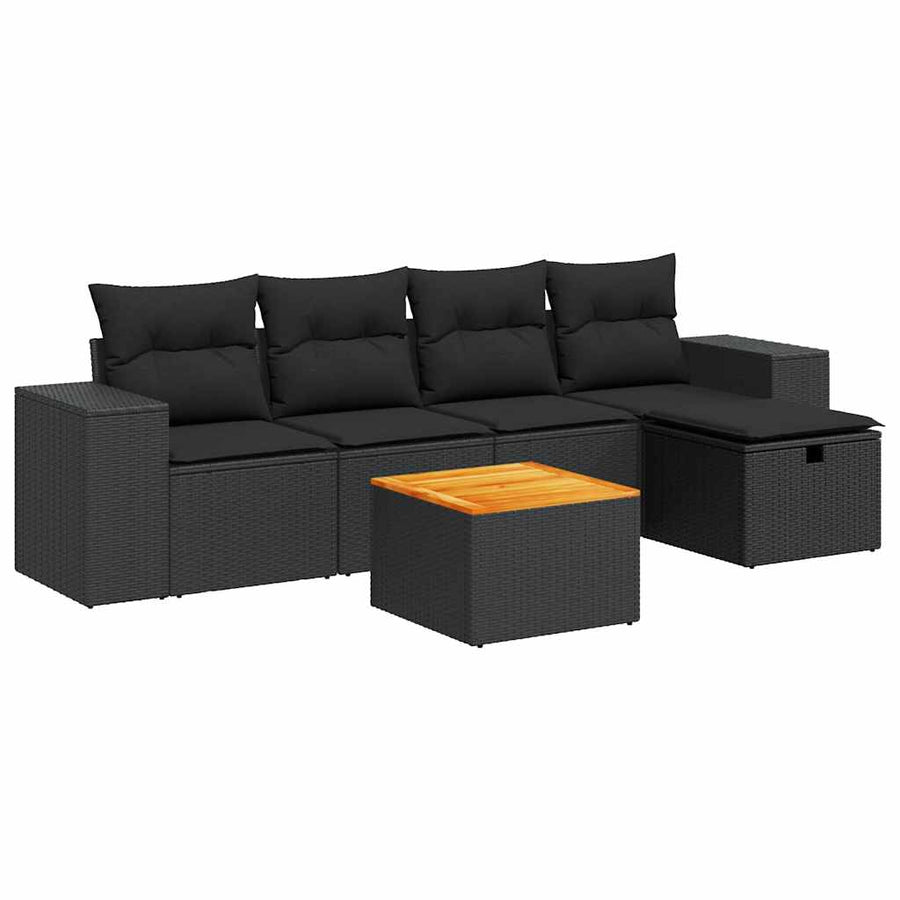 6-delige Loungeset met kussens poly rattan zwart