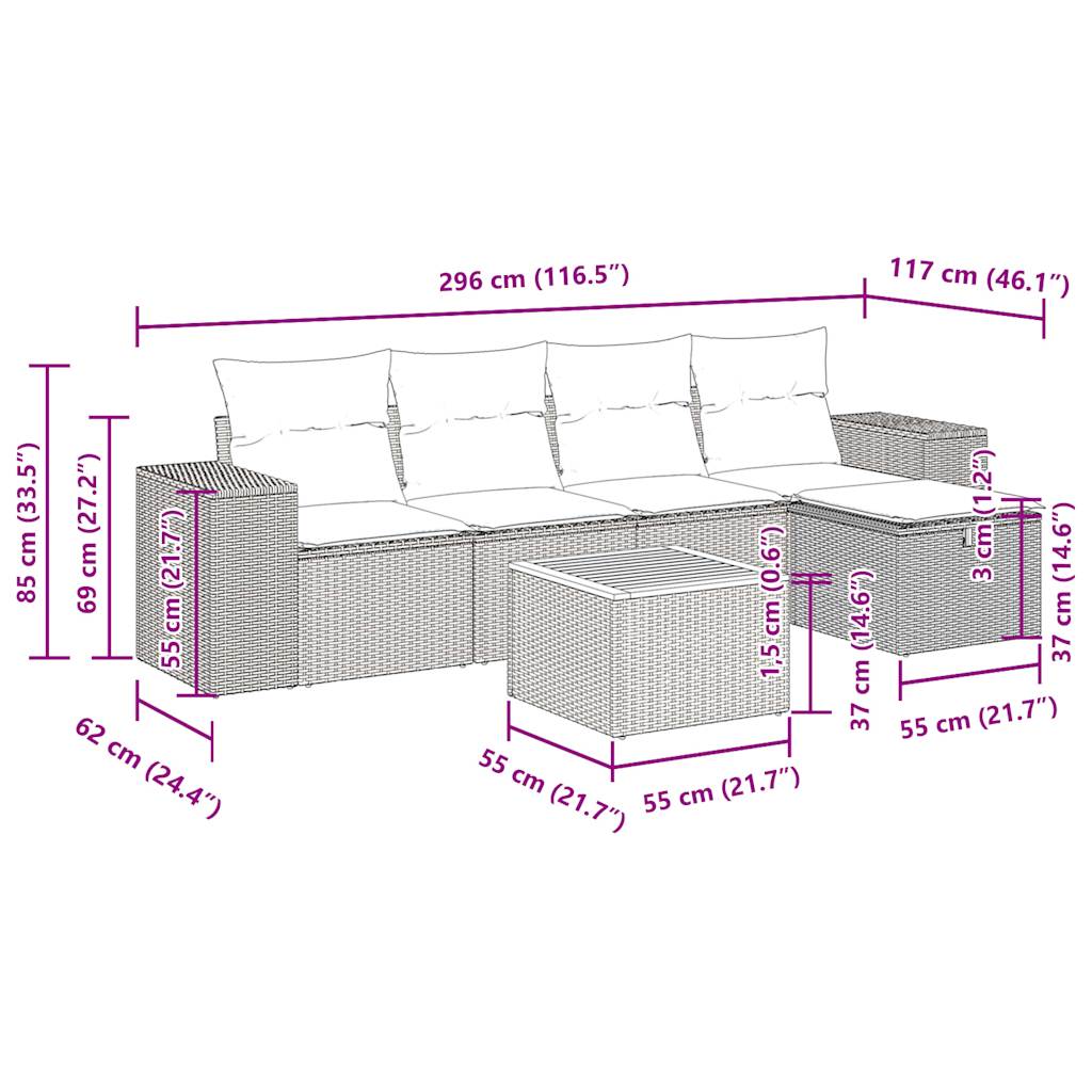 6-delige Loungeset met kussens poly rattan zwart