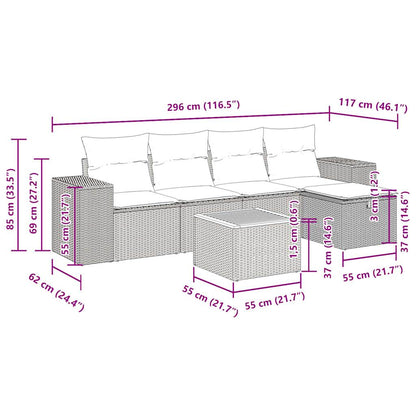 6-delige Loungeset met kussens poly rattan zwart