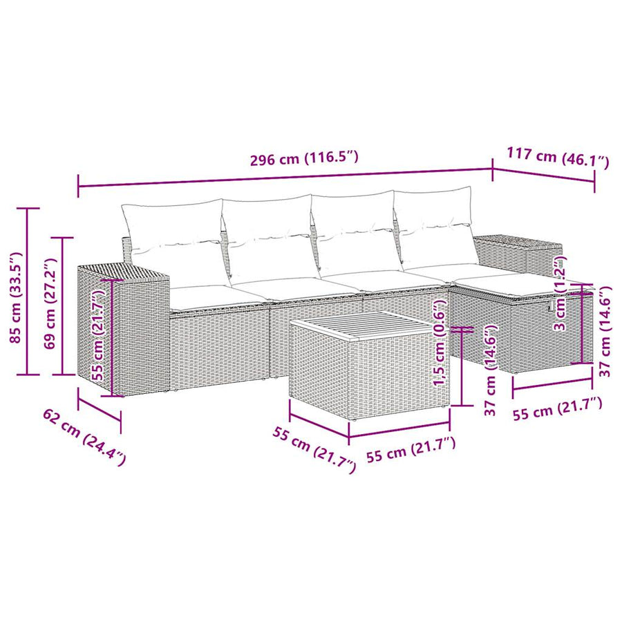 6-delige Loungeset met kussens poly rattan zwart
