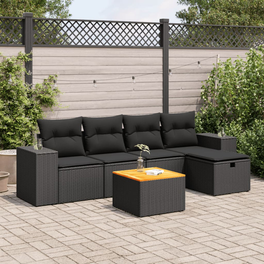 6-delige Loungeset met kussens poly rattan zwart