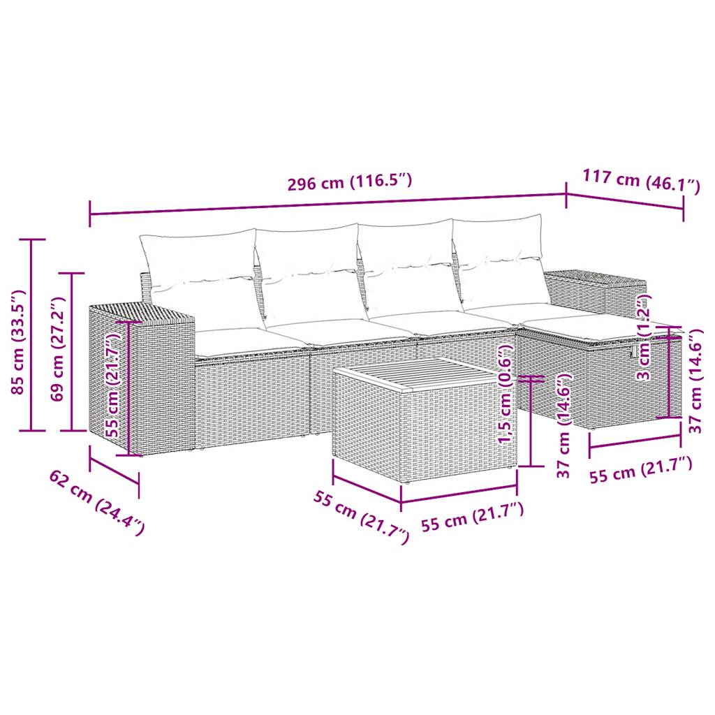 6-delige Loungeset met kussens poly rattan zwart