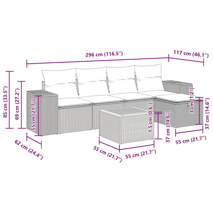 6-delige Loungeset met kussens poly rattan zwart
