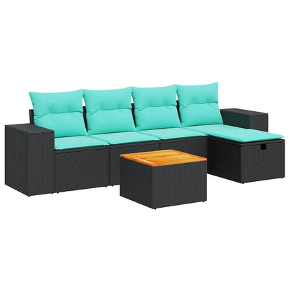 6-delige Loungeset met kussens poly rattan zwart