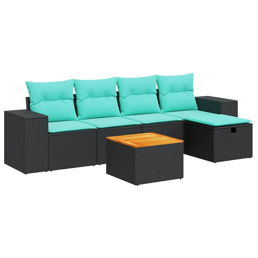 6-delige Loungeset met kussens poly rattan zwart