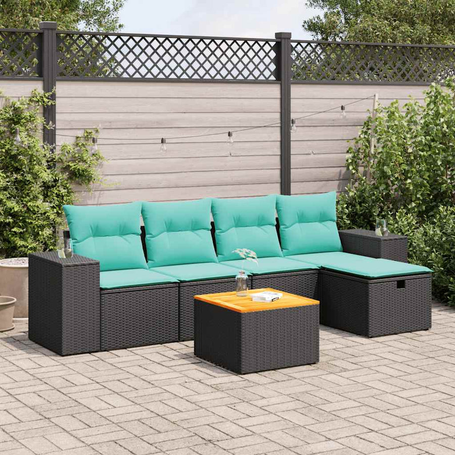 6-delige Loungeset met kussens poly rattan zwart