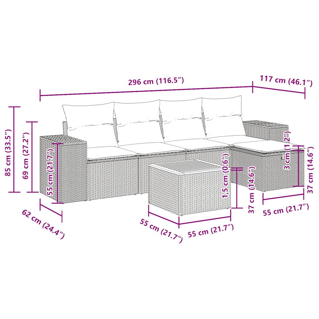 6-delige Loungeset met kussens poly rattan beige