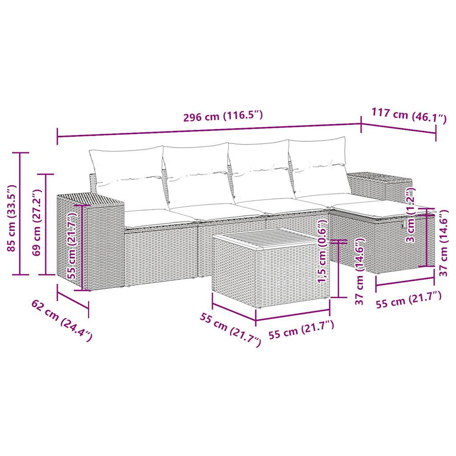 6-delige Loungeset met kussens poly rattan beige