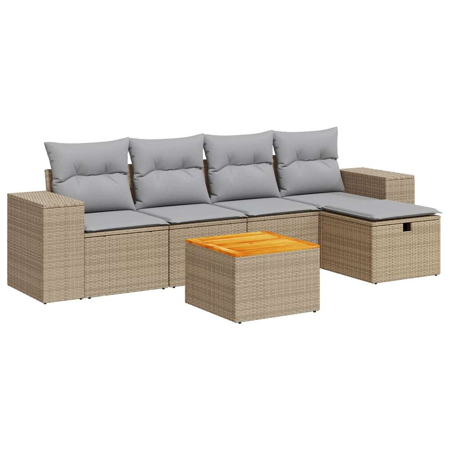 6-delige Loungeset met kussens poly rattan beige