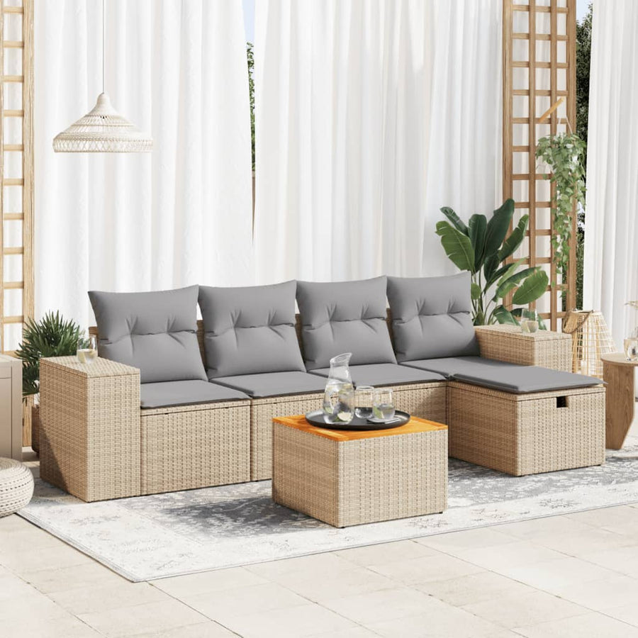 6-delige Loungeset met kussens poly rattan beige