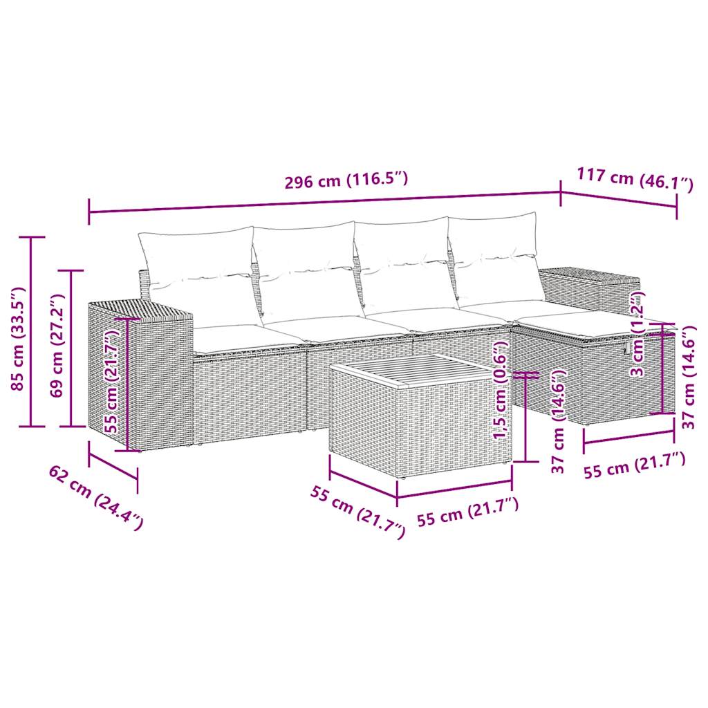6-delige Loungeset met kussens poly rattan grijs