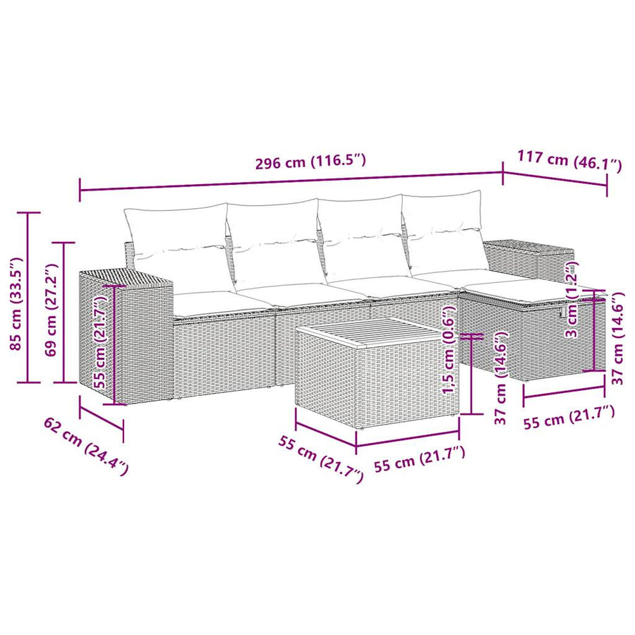 6-delige Loungeset met kussens poly rattan grijs