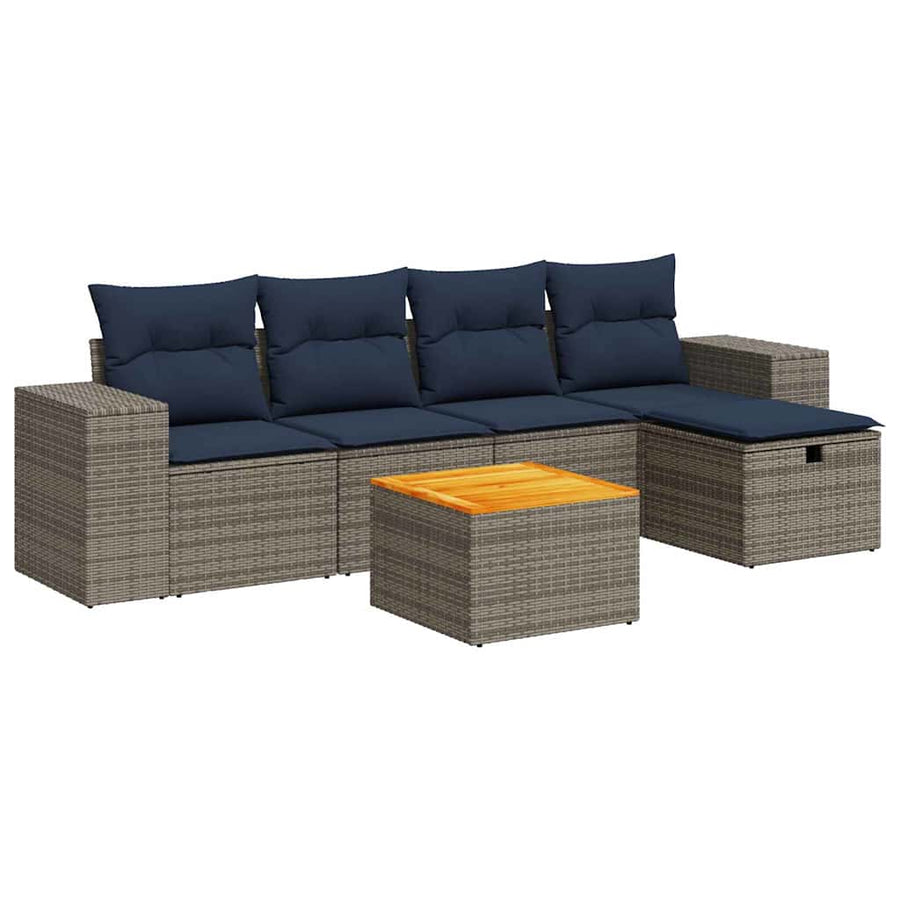 6-delige Loungeset met kussens poly rattan grijs