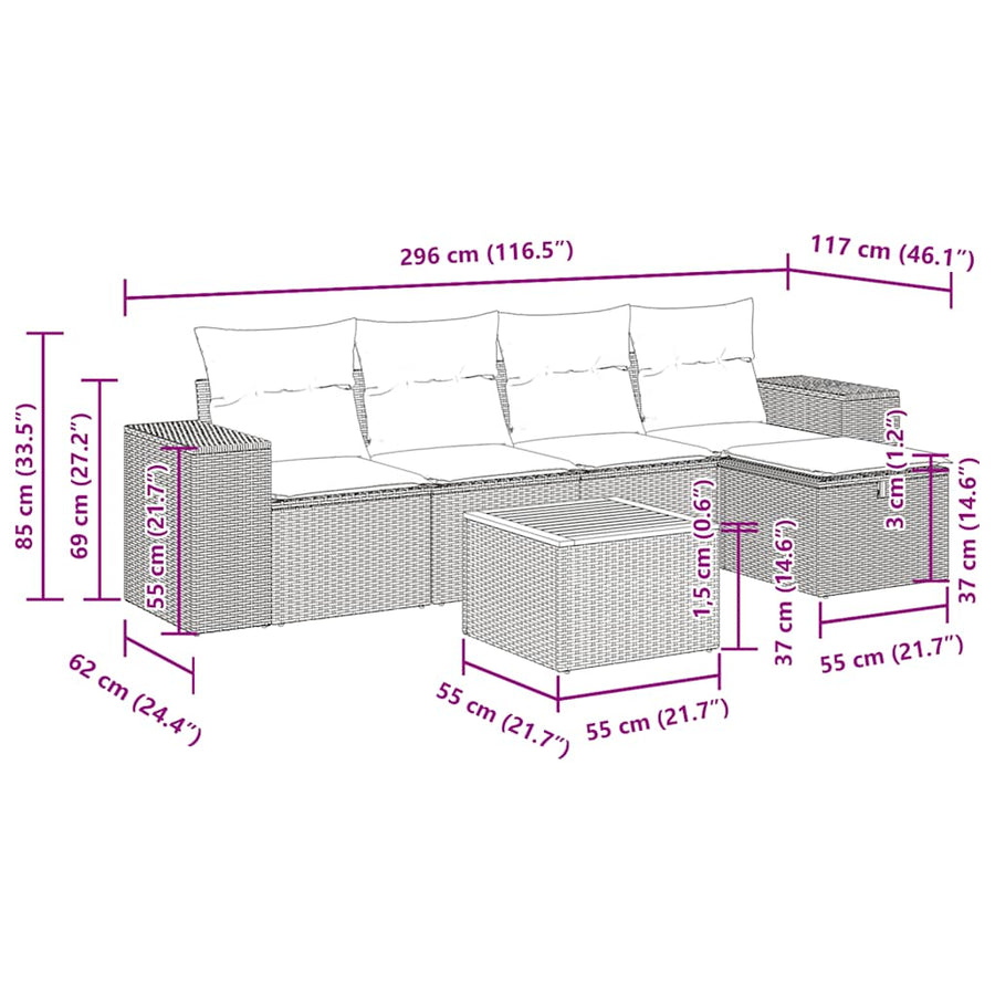 6-delige Loungeset met kussens poly rattan grijs