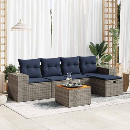 6-delige Loungeset met kussens poly rattan grijs