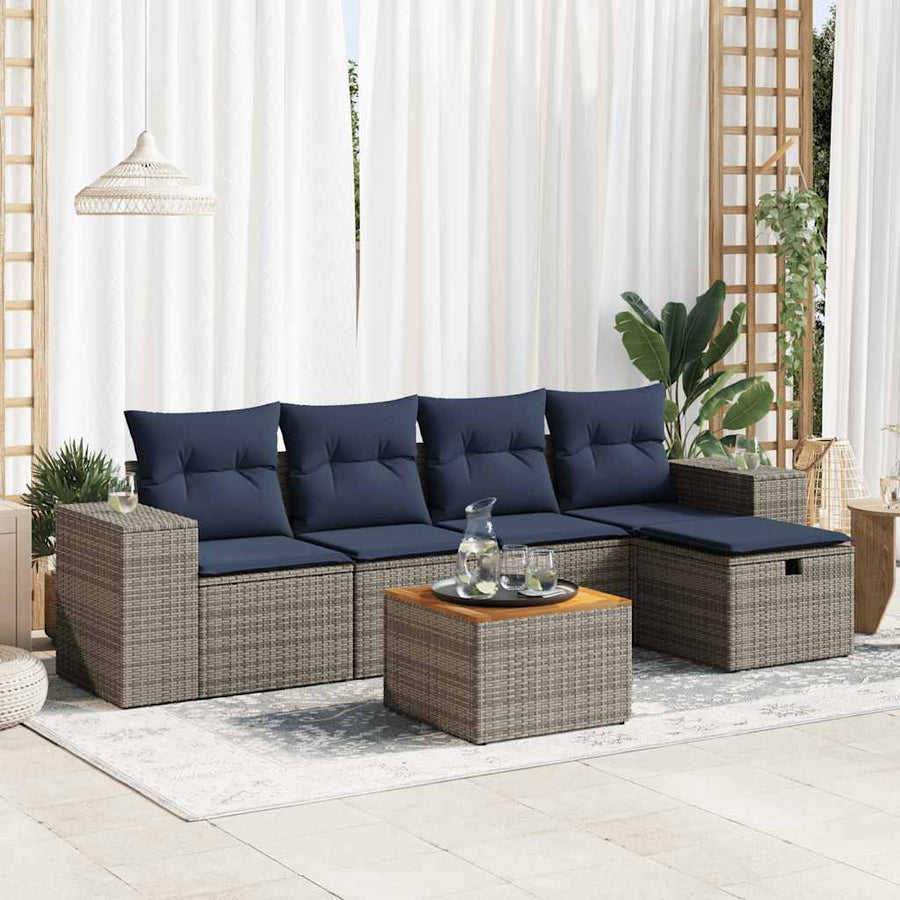 6-delige Loungeset met kussens poly rattan grijs