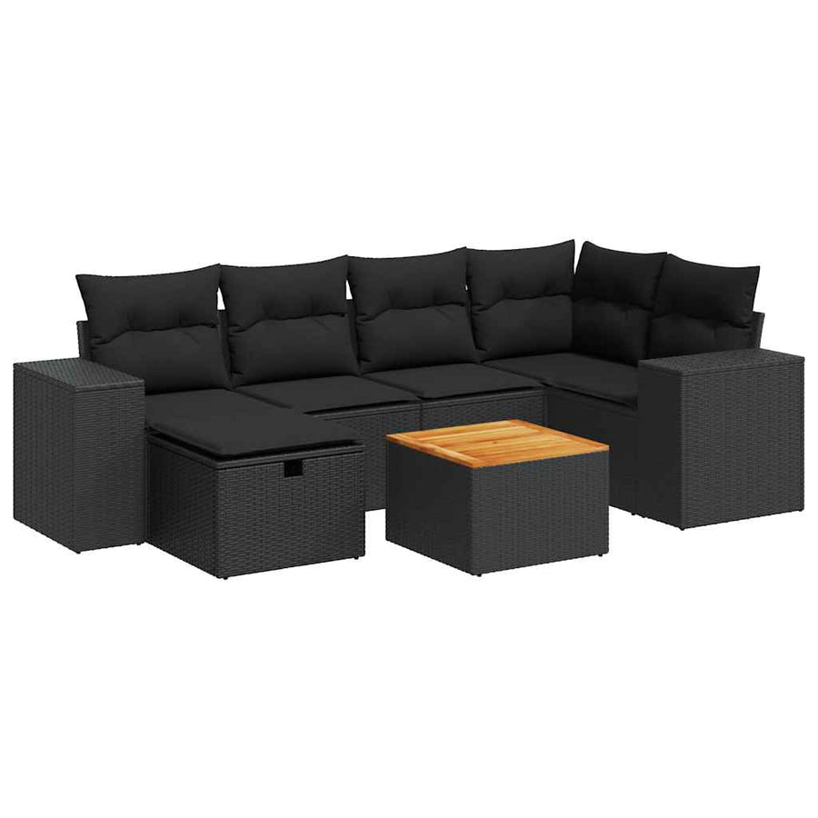 7-delige Loungeset met kussens poly rattan zwart