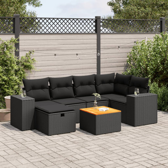 7-delige Loungeset met kussens poly rattan zwart