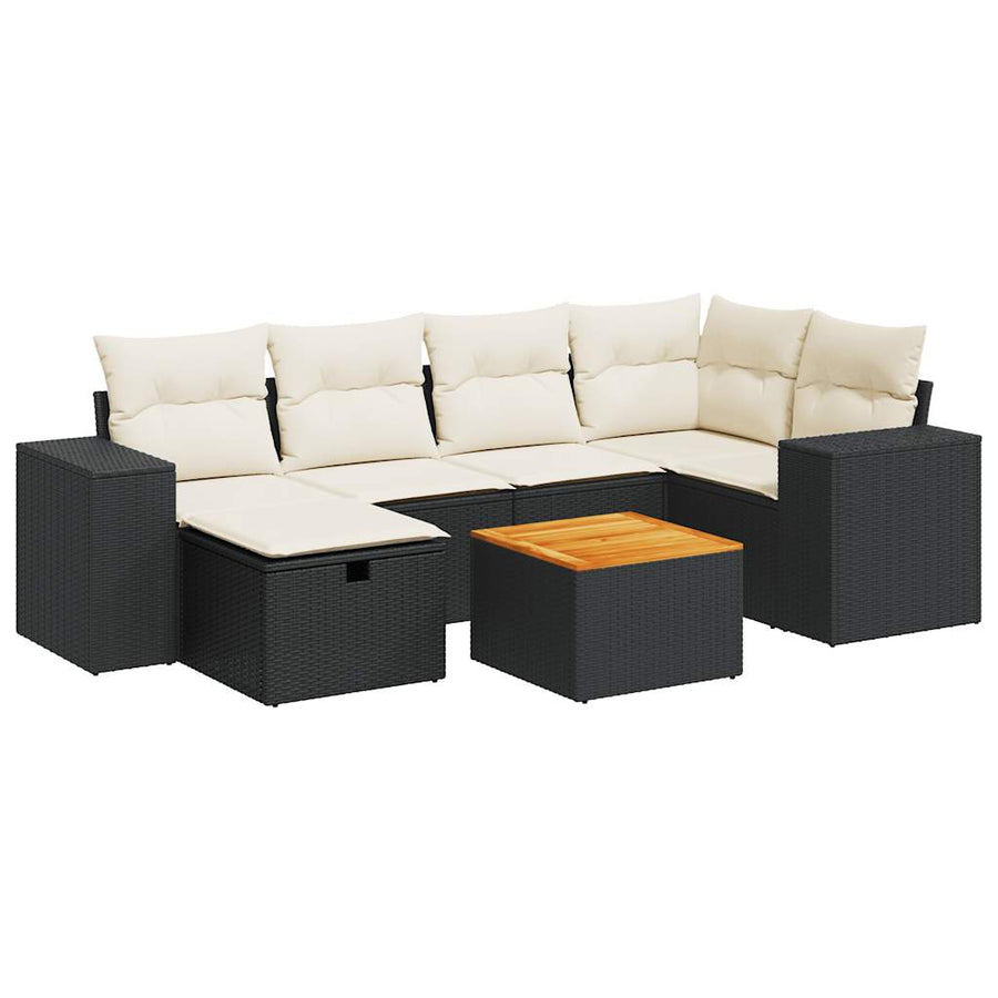 7-delige Loungeset met kussens poly rattan zwart