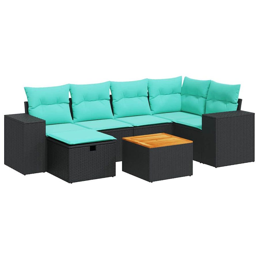 7-delige Loungeset met kussens poly rattan zwart