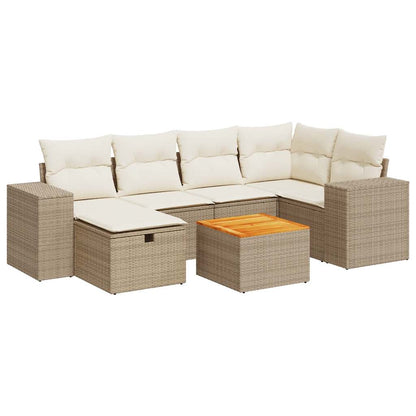 7-delige Loungeset met kussens poly rattan beige