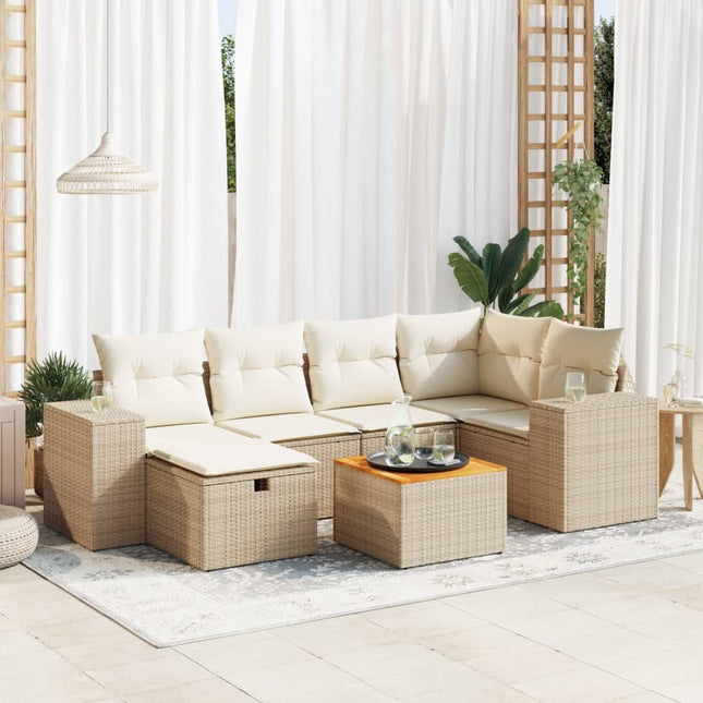 7-delige Loungeset met kussens poly rattan beige