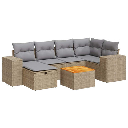 7-delige Loungeset met kussens poly rattan beige