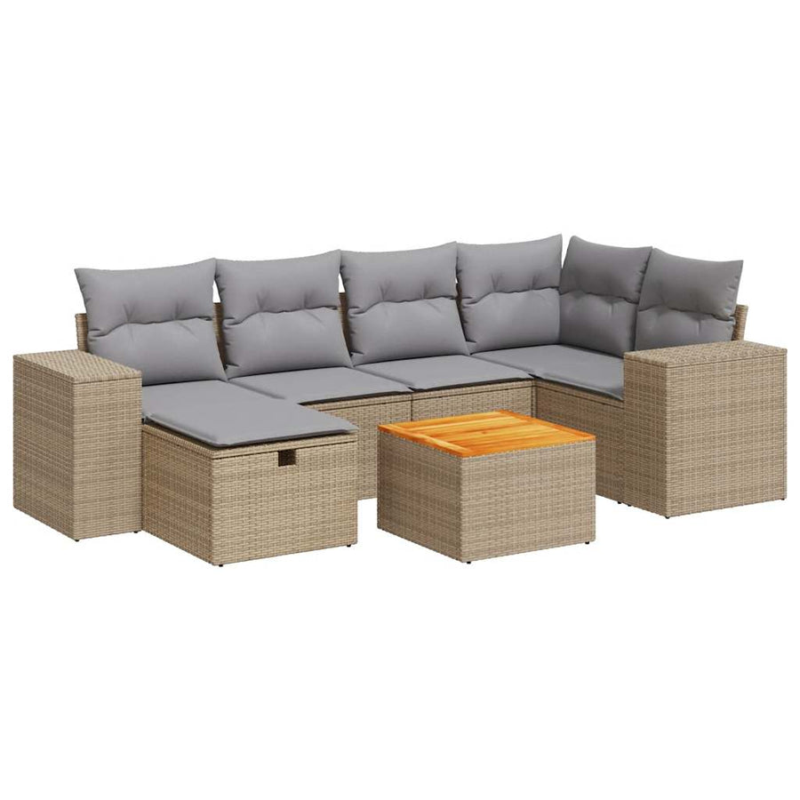 7-delige Loungeset met kussens poly rattan beige