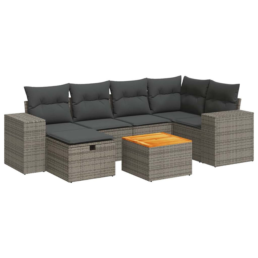 7-delige Loungeset met kussens poly rattan grijs