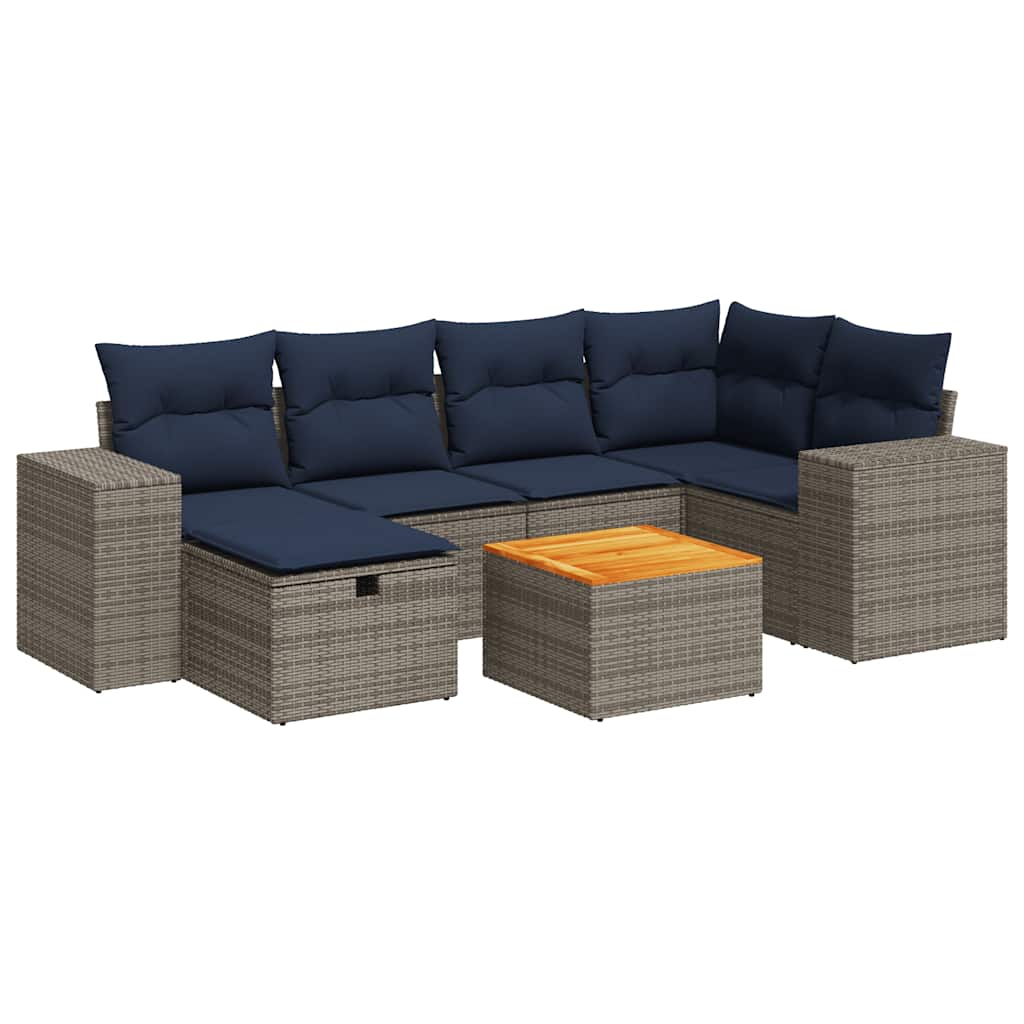 7-delige Loungeset met kussens poly rattan grijs