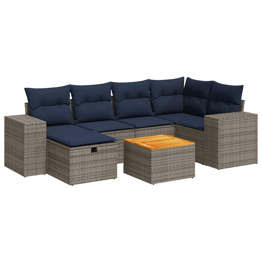 7-delige Loungeset met kussens poly rattan grijs