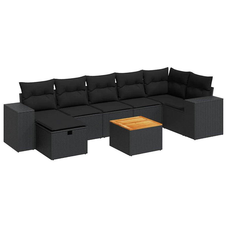 8-delige Loungeset met kussens poly rattan zwart