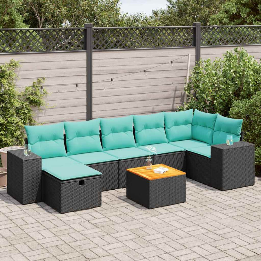 8-delige Loungeset met kussens poly rattan zwart