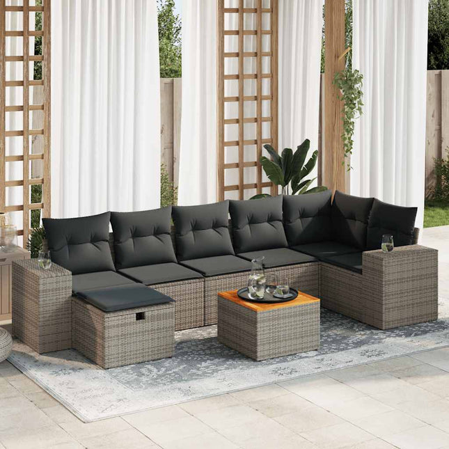 8-delige Loungeset met kussens poly rattan grijs