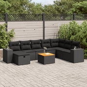 Loungeset poly rattan 9-delig zwart met kussens